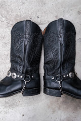 Black Leather Harness Cowboy Boots with Silver Conchos復古黑色皮革銀飾裝飾西部靴 美國製