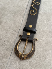 Galcia Black Studded Arabesque Belt with Brass Horseshoe Buckle 黑革黃銅馬蹄釦 手工鉚釘唐草腰帶
