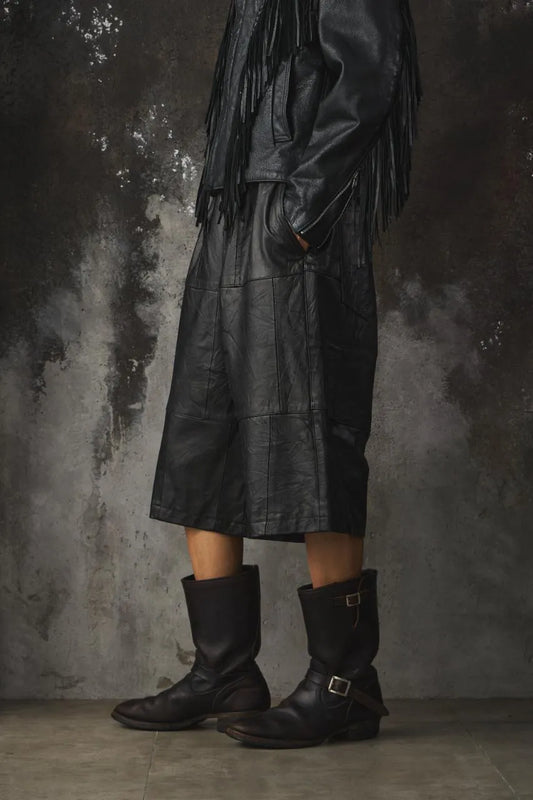 Vintge Drawstring cowhide patchwork capri pants 抽繩牛皮拼接七分褲
