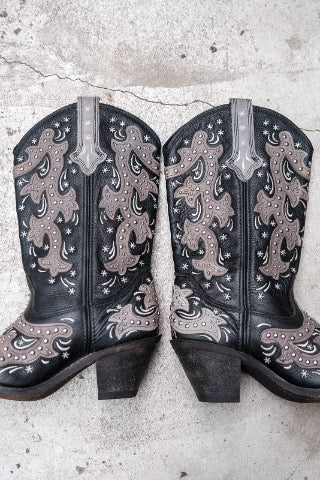 Rockin Country Embellished Western Cowboy Boots 黑灰雕花鉚釘裝飾西部牛仔長靴