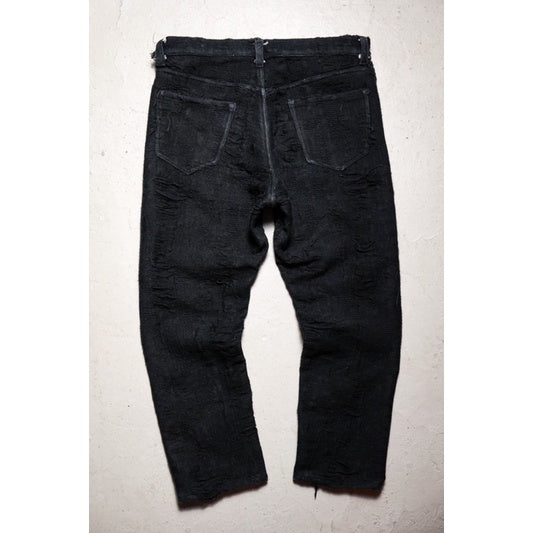 Handmade Black Jacquard Damaged Denim Pants台灣設計師自製&nbsp;黑色提花面料手工破壞丹寧褲