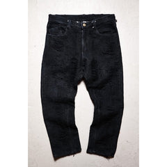 Handmade Black Jacquard Damaged Denim Pants Taiwanese designer homemade black jacquard fabric handmade damaged denim pants