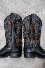 Tony Lama Black Brown Stitch Western Boots黑咖皮革拼彩色接縫線西部靴 美國製