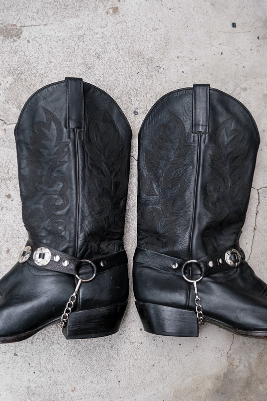 Cody James Black Leather Harness Western Boots with Silver Conchos黑色皮革銀飾飾帶西部靴 墨西哥製