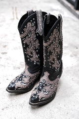 Rockin Country Embellished Western Cowboy Boots 黑灰雕花鉚釘裝飾西部牛仔長靴