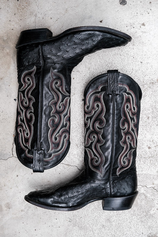 Nocona Black Full Quill Ostrich Leather Western Boots with Flame Stitch Embroidery黑色鴕鳥皮火焰刺繡西部靴 美國製