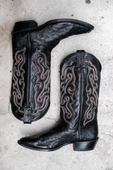 Nocona Black Full Quill Ostrich Leather Western Boots with Flame Stitch Embroidery黑色鴕鳥皮火焰刺繡西部靴 美國製