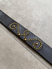 Galcia Black Studded Arabesque Belt with Brass Horseshoe Buckle 黑革黃銅馬蹄釦 手工鉚釘唐草腰帶