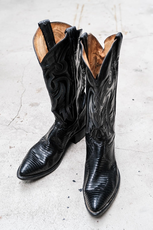 Tony Lama Black Lizard Embossed Leather Western Boots 黑色蜥蜴壓紋皮革西部靴美國製