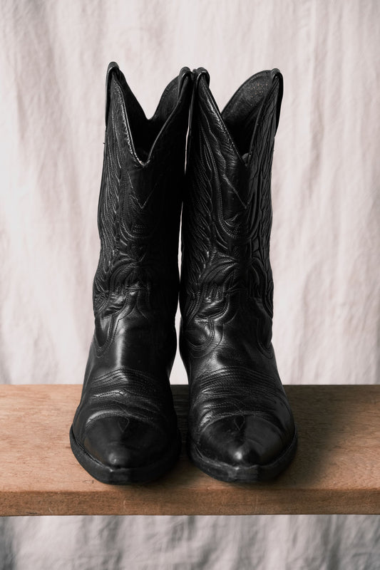 Unknown Brand Black Leather Cowboy Western Boots 復古牛仔刺繡西部靴