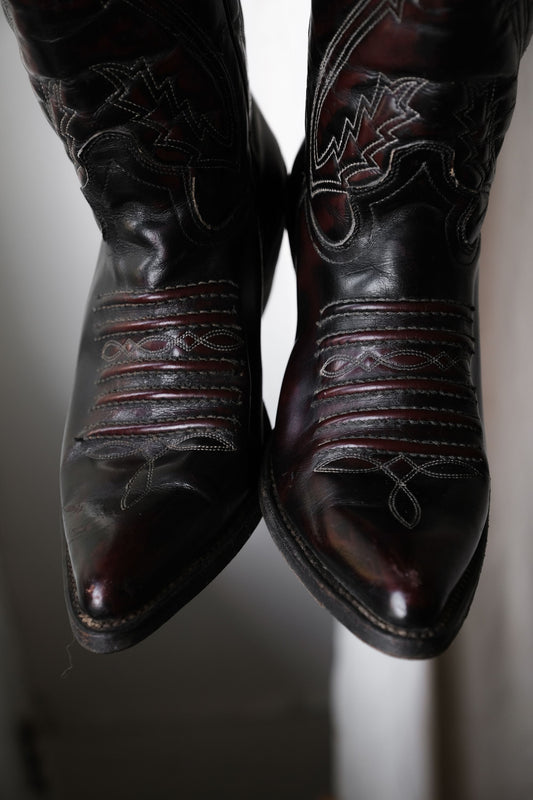 Vintage Burgundy Leather Cowboy Western Boots 復古雕花牛仔西部靴 勃艮第紅