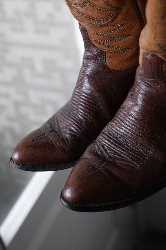 Vintage 2-Tone Leather Cowboy Western Boots 復古雕花牛仔西部靴 雙調 焦糖/棕