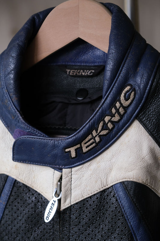 ”TEKNIC” Vintage Leather Racing Jacket 復古賽車皮衣夾克 黑白藍