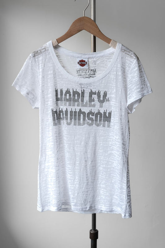 HARLEY-DAVIDSON Vintage Embellished Logo Sheer Tee Made in USA古著哈雷·戴維森 水鑽Logo透膚印花短踢 美國製
