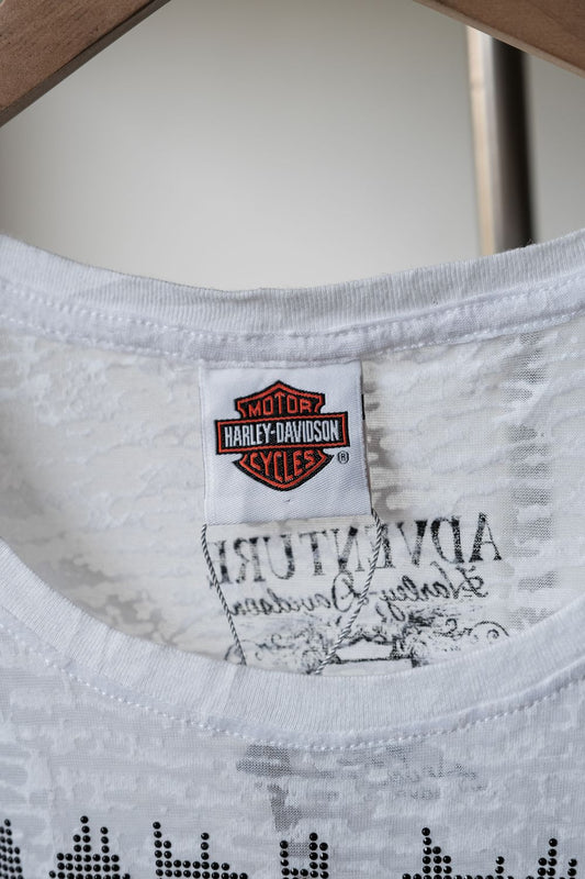 HARLEY-DAVIDSON Vintage Embellished Logo Sheer Tee Made in USA古著哈雷·戴維森 水鑽Logo透膚印花短踢 美國製