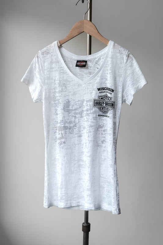 HARLEY-DAVIDSON Vintage Sheer Print V-Neck Tee Made in USA 古著哈雷·戴維森 透膚印花V領短踢 美國製