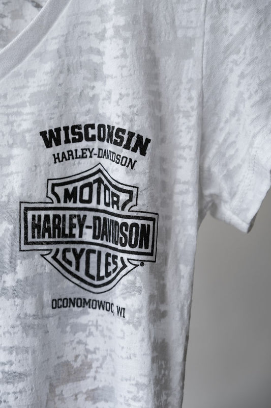 HARLEY-DAVIDSON Vintage Sheer Print V-Neck Tee Made in USA 古著哈雷·戴維森 透膚印花V領短踢 美國製