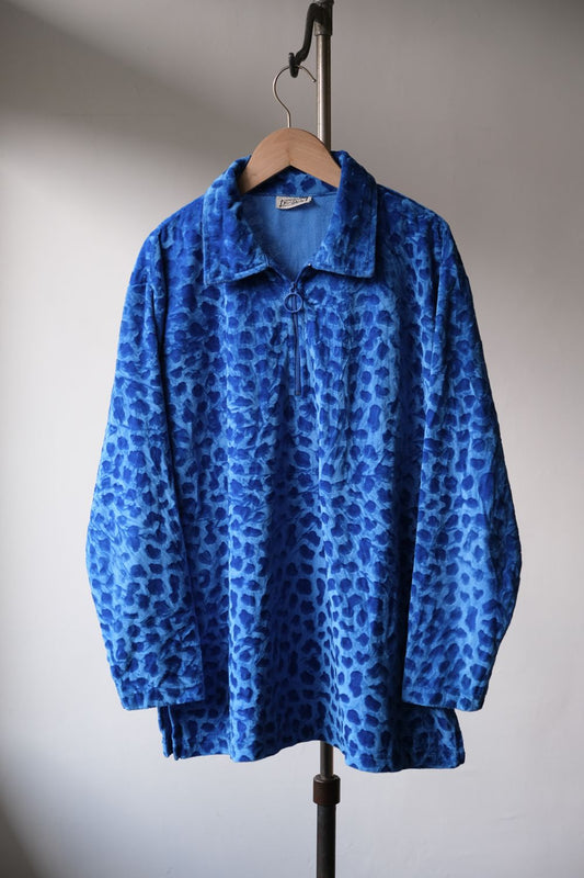 Vintage Leopard Print Velvet Zip Polo Shirt Vintage Blue Leopard Print Velvet Zip Polo Shirt