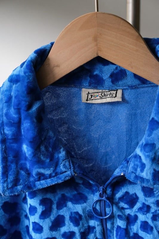 Vintage Leopard Print Velvet Zip Polo Shirt Vintage Blue Leopard Print Velvet Zip Polo Shirt