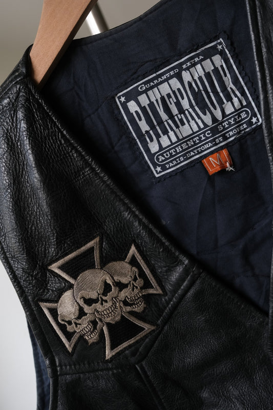 ”BIKER CUIR” Vintage Embroidered Patch Leather Vest 復古刺繡布章機車真皮背心