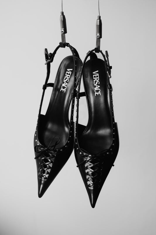 VERSACE Dua Lipa - Black Leather Corset Kitten Heels 凡賽斯 尖頭繫帶露跟低跟鞋