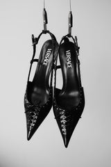 VERSACE Dua Lipa - Black Leather Corset Kitten Heels 凡賽斯 尖頭繫帶露跟低跟鞋