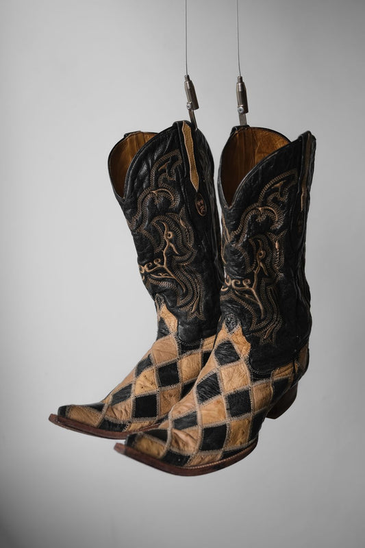 Vintage 2-Tone Argyle Cowboy Western Boots 復古菱格雙色雕花牛仔西部靴