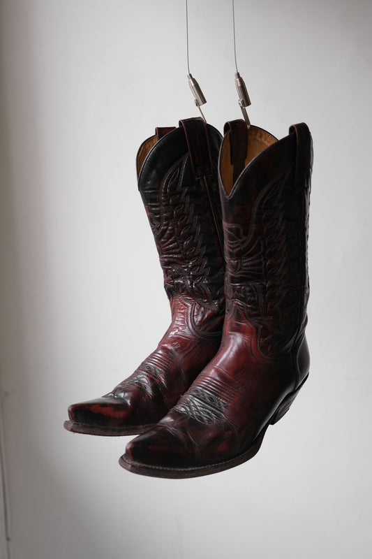 ”SENDRA” Vintage Burgundy Leather Cowboy Western Boots 復古勃艮第酒紅雕花牛仔西部靴