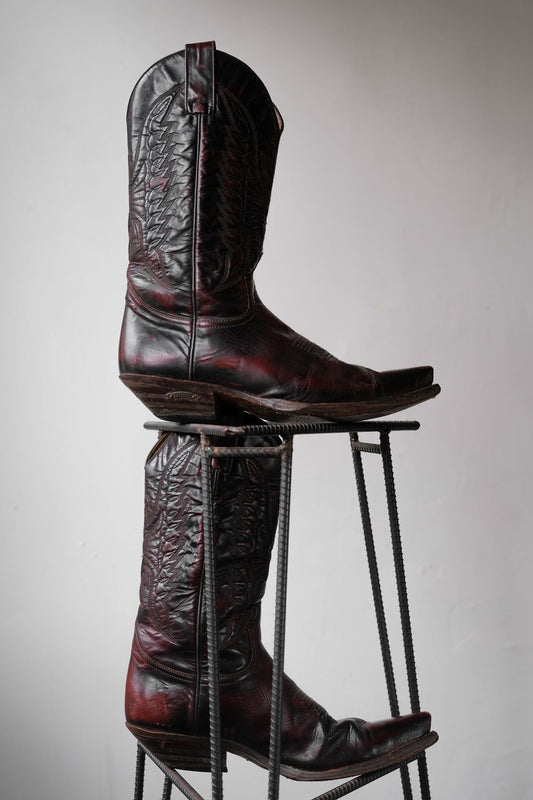 ”SENDRA” Vintage Burgundy Leather Cowboy Western Boots 復古勃艮第酒紅雕花牛仔西部靴