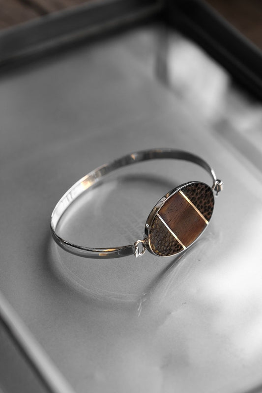 Mixed Panel 925 Sterling Silver Wood Bracelet 木皮拼接橢圓面板925純銀手環