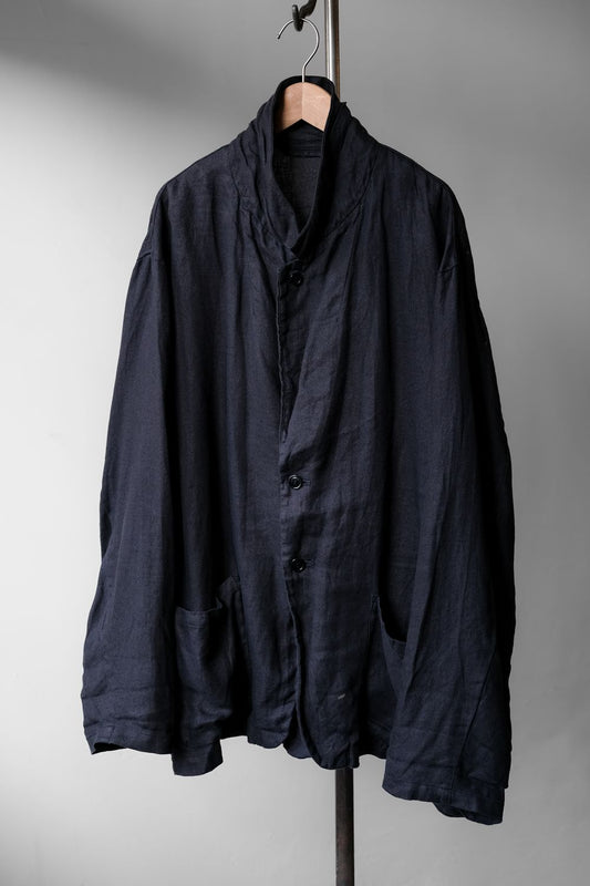 CONFECT Navy Linen Stand Collar Blazer Jacket 日本設計師品牌 亞麻立領休閒西裝外套