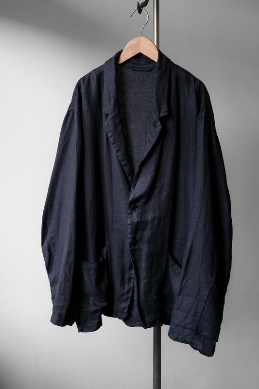 CONFECT Navy Linen Stand Collar Blazer Jacket 日本設計師品牌 亞麻立領休閒西裝外套