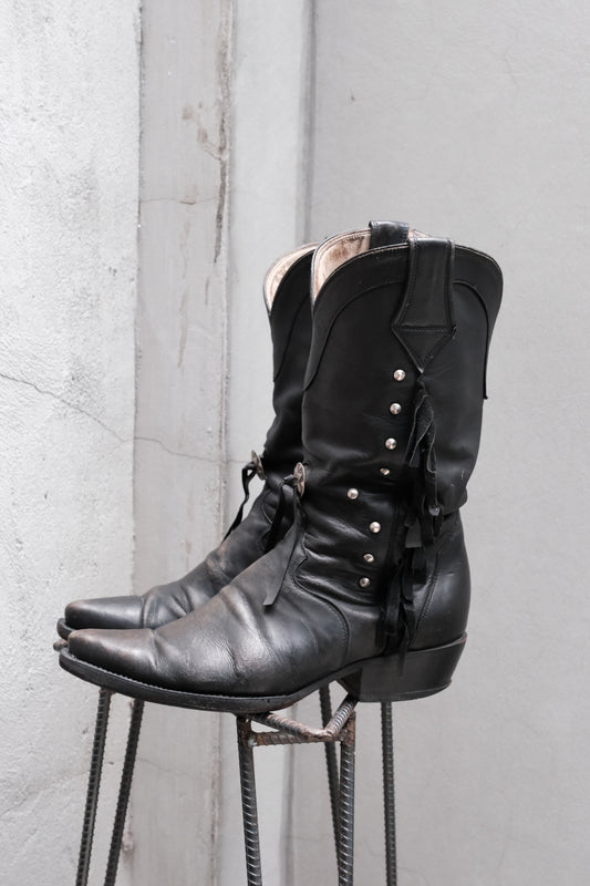 Black Leather Fringed &Studded Western Boots 牛皮流蘇鉚釘西部靴 附皮革吊飾勳章