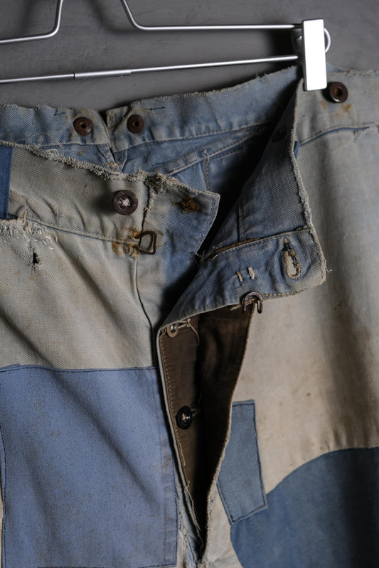 French Antique Indigo Patchwork Buckle Trousers 古著法國工裝 重度補丁拼接工作褲
