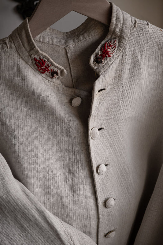 French 19th C. Antique White linen Fireman Jacket 法國19世紀古董 胚色亞麻人字紋消防員外套 (商品在海葵工作室)