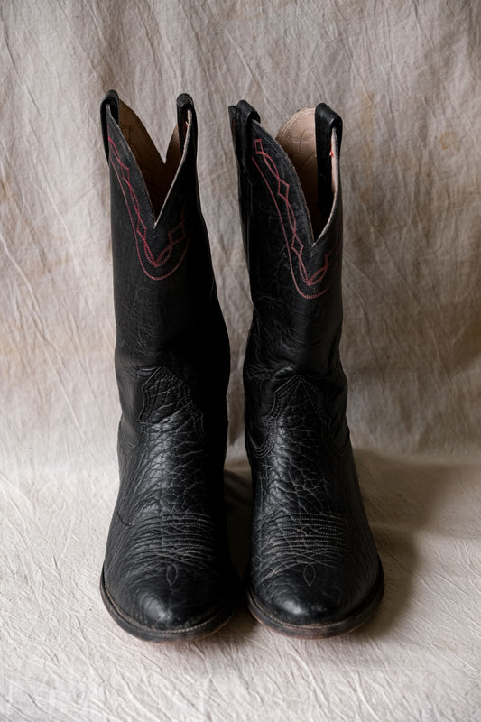 ”Nocona Boots” Leather Cowboy Western Boots 復古黑色真皮牛仔西部靴