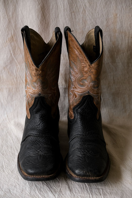 Two-Tone Square Toe Leather Cowboy Western Boots 復古雙色真皮 方頭牛仔西部靴