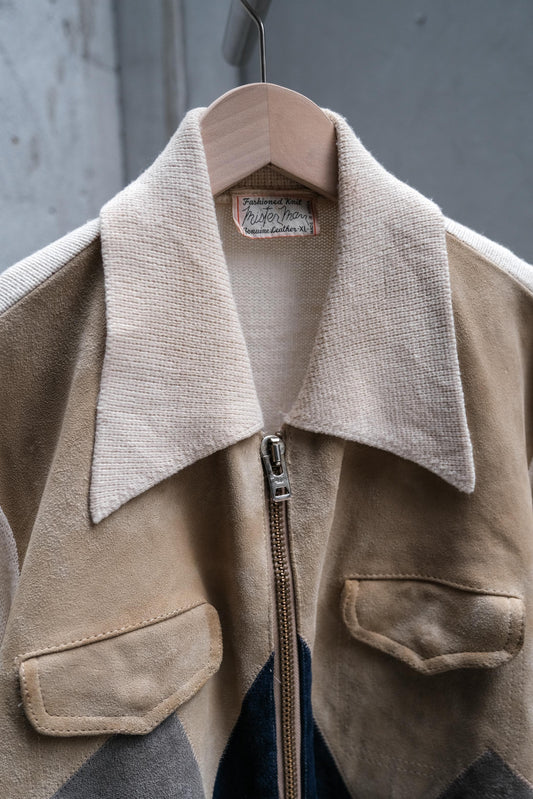 1970’s Vintage Mister Man Suede Leather Patch Knit Jacket Talon Zipper 古著幾何拼接麂皮針織外套