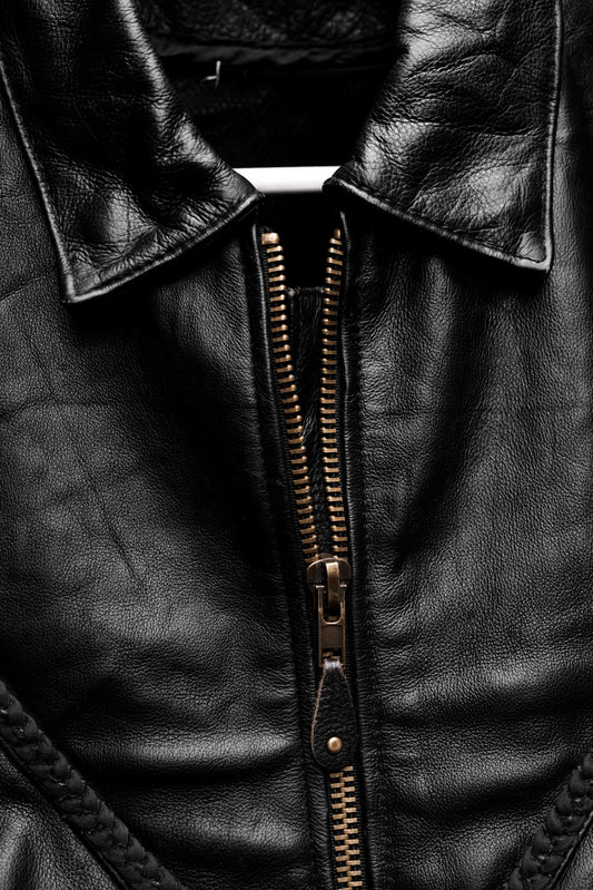 1980's Euro Vintage Leather Motorcycle Biker Jacket 歐洲古著直拉鍊騎士皮衣夾克 側邊綁帶