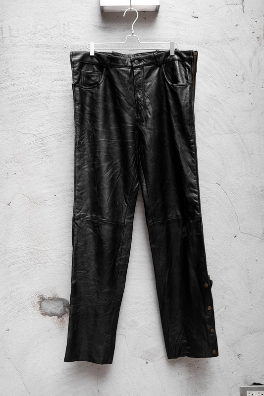 90's~00's USA BIKERS Vintage Leather Motorcycle Pants 古著真皮機車褲 側拉鍊 褲腳排釦