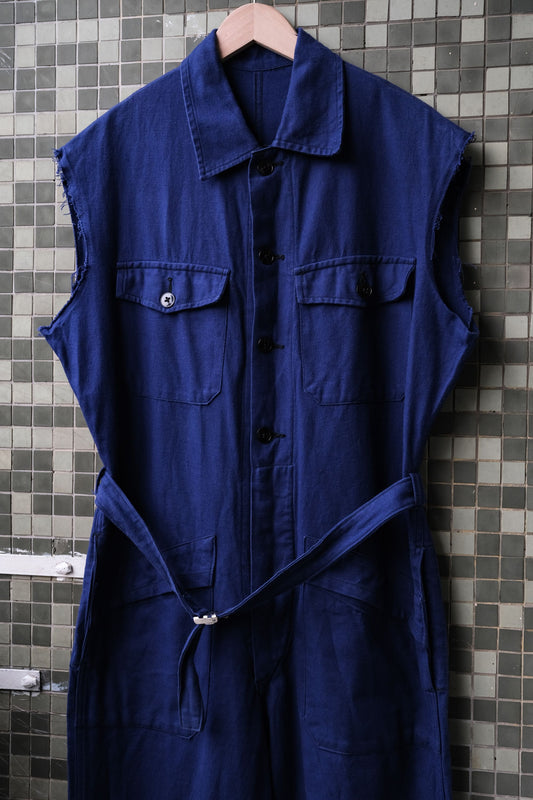 Vintage French Indigo Cotton Twill Sleeveless Coveralls 法國工裝藍染斜紋棉連身工作服 袖子裁斷(商品在海葵工作室）