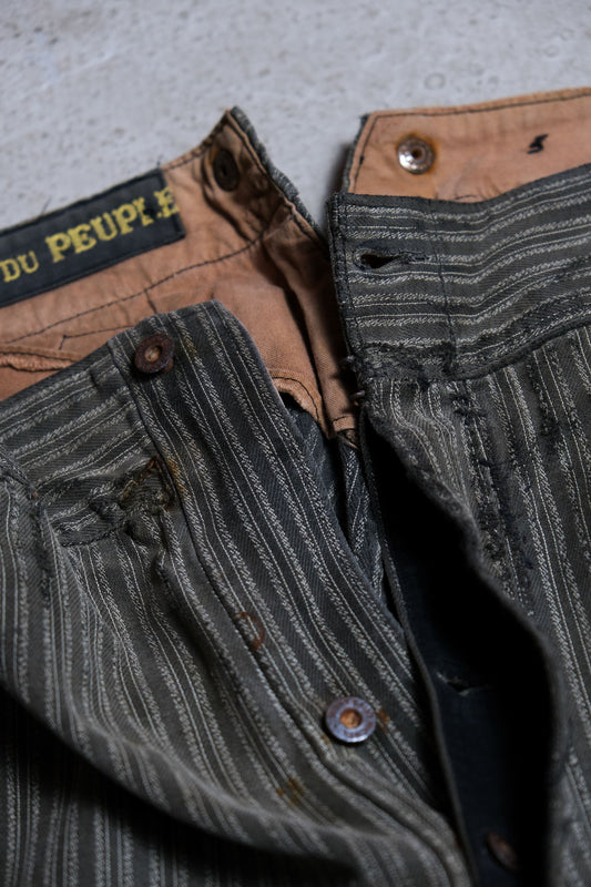 1940s French Vintage “L’AMI DU PEUPLE” Striped Patch Work Trousers  古著法國工裝條紋補丁工作褲