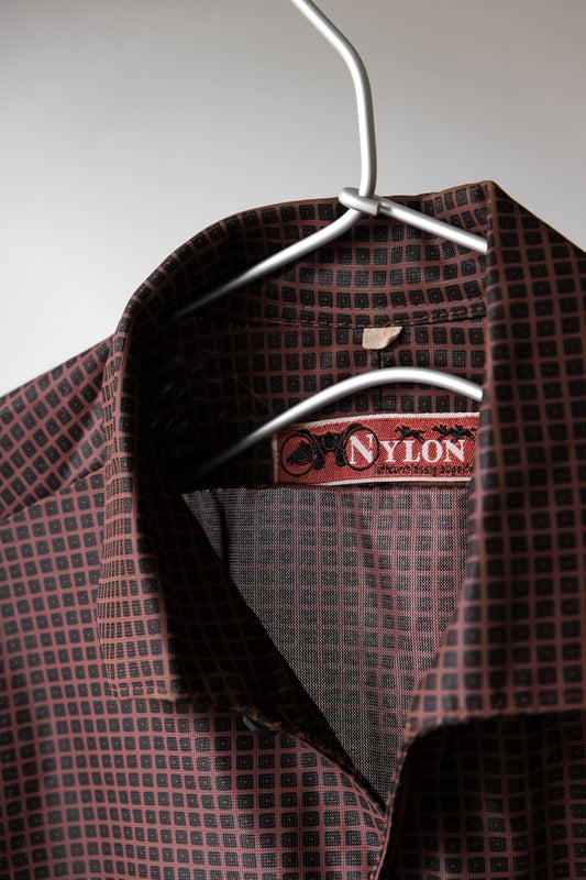 Vintage Printed Nylon Shirt Vintage printed nylon micro see-through shirt buttoned with cufflinks brown and red