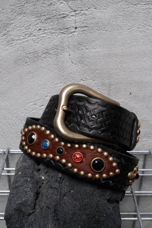 CALEE Western Brass &amp; Jewel Studded Leather Belt 日系復古美式品牌 黃銅多彩寶石鉚釘馬毛拼接皮革皮帶