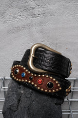 CALEE Western Brass &amp; Jewel Studded Leather Belt 日系復古美式品牌 黃銅多彩寶石鉚釘馬毛拼接皮革皮帶
