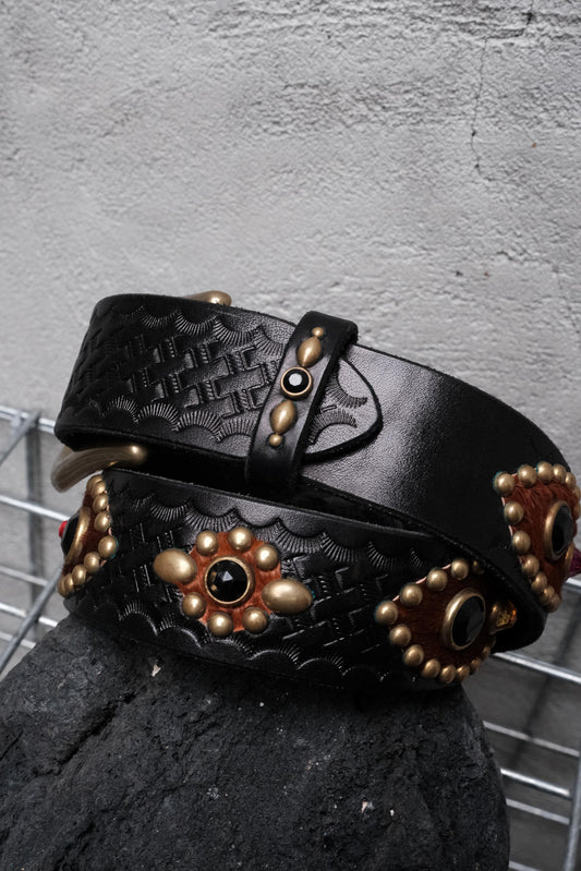 CALEE Western Brass &amp; Jewel Studded Leather Belt 日系復古美式品牌 黃銅多彩寶石鉚釘馬毛拼接皮革皮帶