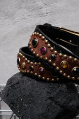 CALEE Western Brass &amp; Jewel Studded Leather Belt 日系復古美式品牌 黃銅多彩寶石鉚釘馬毛拼接皮革皮帶