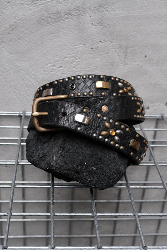 HTC Hollywood Trading Company EMBOSS POLICE BLACK FULL STUDS BELT 美國古董皮件品牌 黑色皮革壓紋滿版鉚釘寶石皮帶