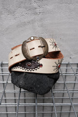 HTC Hollywood Trading Company White Leather Lizard Inlay Stone Studded Belt 美國古董皮件品牌 白色牛皮蜥蜴皮拼接紅寶石鉚釘皮帶