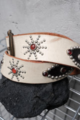 HTC Hollywood Trading Company White Leather Lizard Inlay Stone Studded Belt 美國古董皮件品牌 白色牛皮蜥蜴皮拼接紅寶石鉚釘皮帶